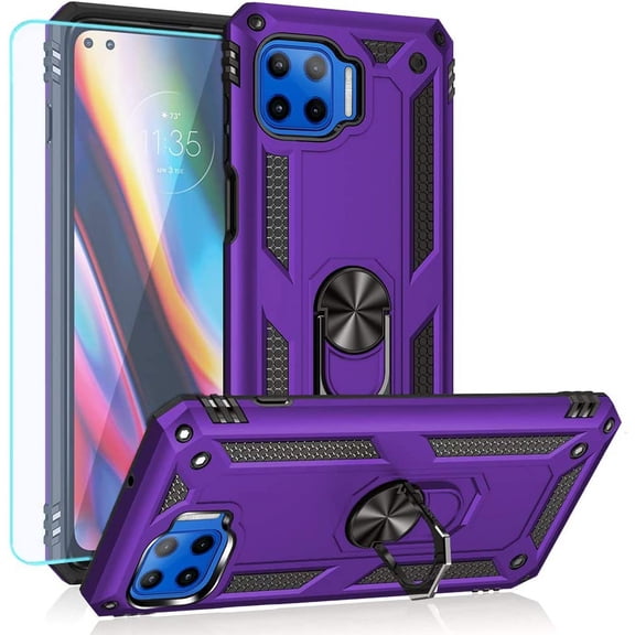 for Moto One 5G Case with HD Screen Protector, [Military Grade] Ring Car Mount Kickstand Hybrid Hard PC Soft TPU Shockproof Protective Case for Motorola One 5G (Dark Green)