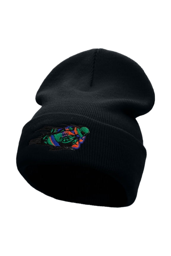 Moto Racer Embroidered 12 Inch Long Knitted Beanie - Navy OSFM