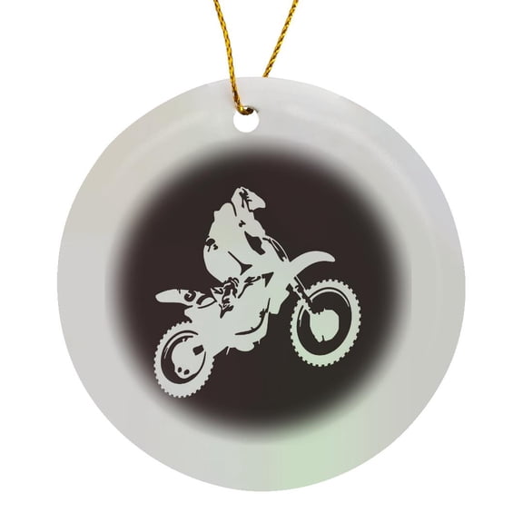 3drose, Moto X Dirt Bike Monotone Vector Art in White, Circle Porcelain Ornament