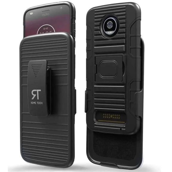 Moto Z2 Play Dual Layer Holster Case - Belt Clip, Rugged, Kickstand, Dark Blue