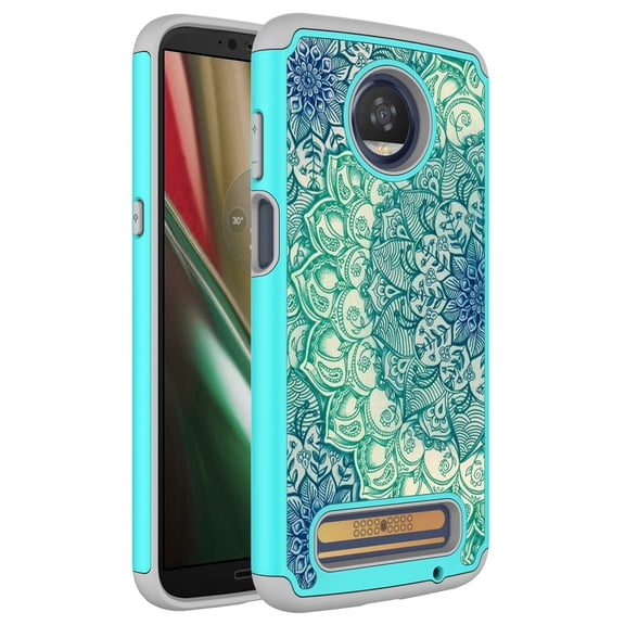 Moto Z3 Play Case, KAESAR Hybrid Dual Layer Graphic PC and Colorful TPU Fashion Protective Cover Armor Case for Motorola Moto Z Play 3rd Generation (Green Mandala)