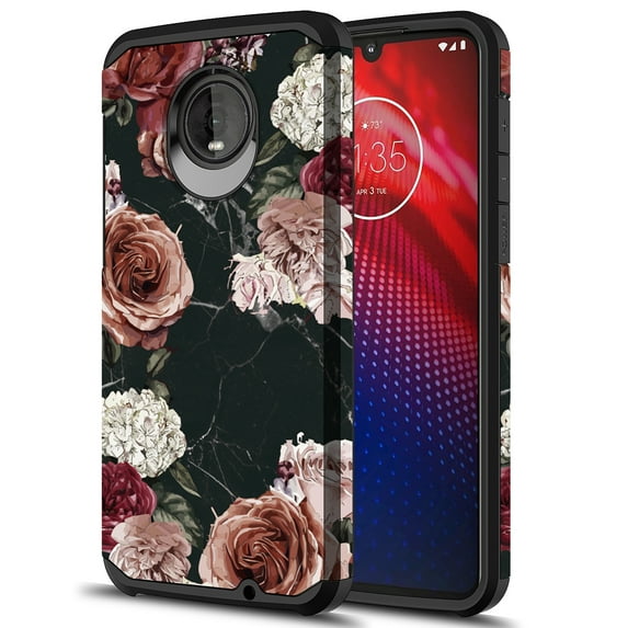 Moto Z4 Case, Moto Z4 Play Case Kaesar Slim Hybrid Dual Layer Shockproof Hard Cover Graphic Fashion Cute Colorful Silicone Skin Cover Armor Case for Moto Z4 Play (Black Marble Flower)