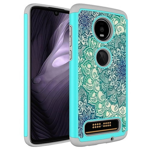 Moto Z4 Play Case, KAESAR Hybrid Dual Layer Graphic PU Leather Colorful TPU Fashion Protective Cover Armor Case for Motorola Moto Z Play 4th Generation (Green Mandala)