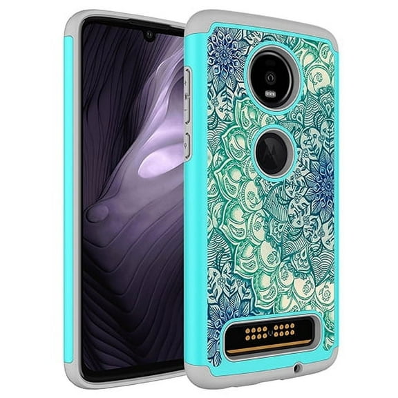 Moto Z4 Play Case, KAESAR Hybrid Dual Layer Graphic PU Leather Colorful TPU Fashion Protective Cover Armor Case for Motorola Moto Z Play 4th Generation (Green Mandala)