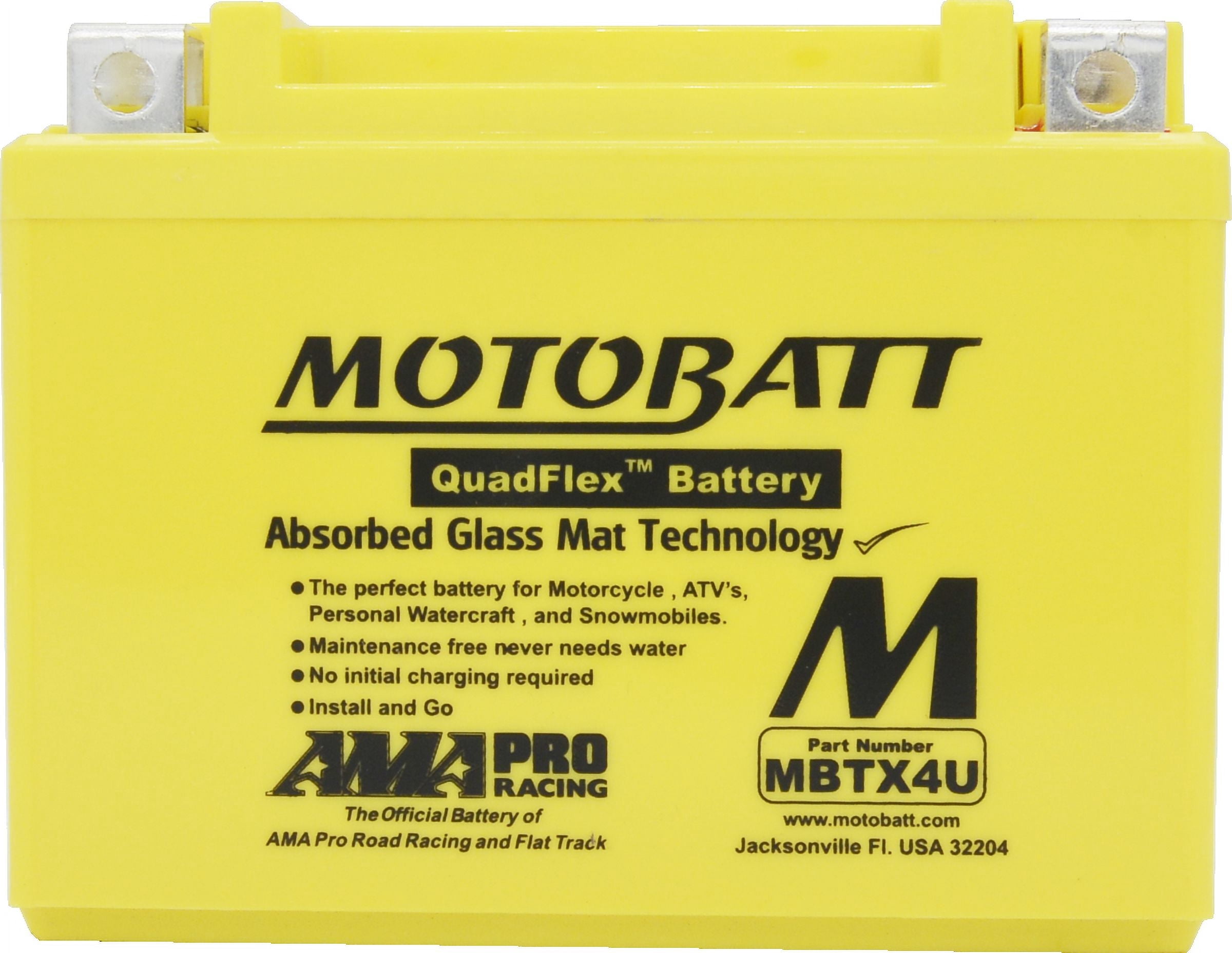 MotoBatt MBTX4U AGM Powersports Battery - 12V, 4.7Ah, 70 CCA, Factory Activated With QuadFlex Terminals