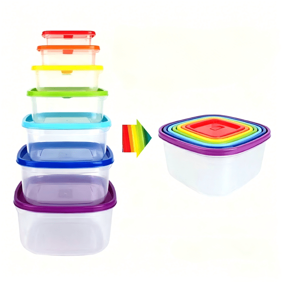 MotoEase Nest 14-Piece BPA-Free Nesting Food Storage Container Set with Rainbow Lids, Clear Plastic Stackable Meal Prep Containers for Kitchen Organization