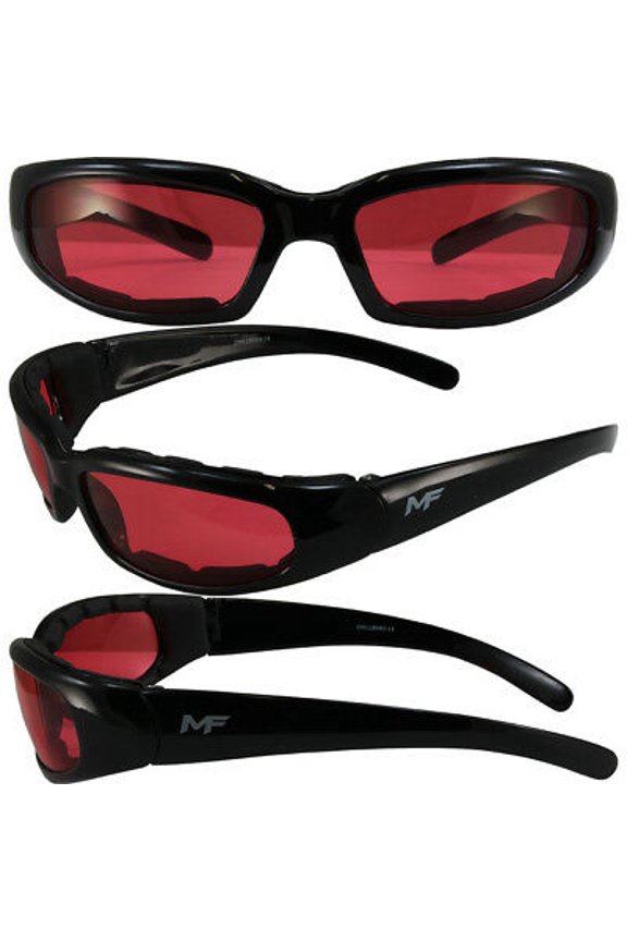 s Chill Padded Motorcycle Riding Glasses Black Frames Anti-Fog Red Lens