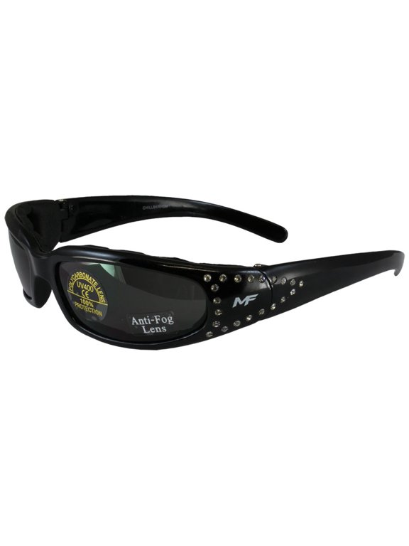 MotoFrames MF Chill Padded Motorcycle Sunglasses Rhinestone Designed Black Frames Smoke Lens