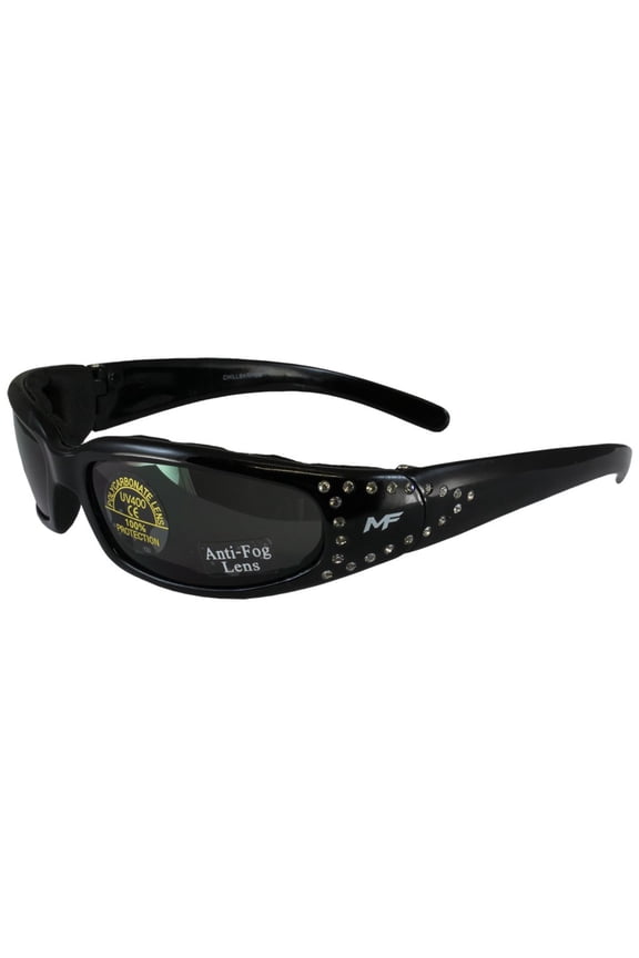 MotoFrames MF Chill Padded Motorcycle Sunglasses Rhinestone Designed Black Frames Smoke Lens