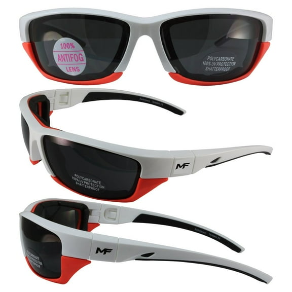 MotoFrames Swithback Padded Motocycle Riding Sunglasses/Goggles White and Orange Frame Smoke Lens With Removable Foam Padding
