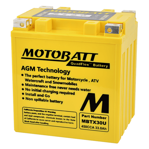Motobatt AGM MBTX30U  34Ah 450 CCA AGM Powersports Battery replaces Y60N24 Y60N30 12N24 YIX30 52515 53030 EXT30 PC925 CB30C/LB Y60N24A