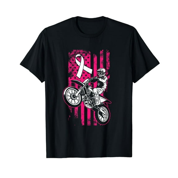 Motocross American Flag Breast Cancer Awareness Pink Ribbon T-Shirt