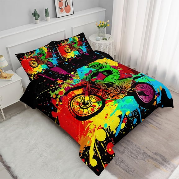 Motocross Bedding Set Twin, Dirt Bike Comforter Set for Boys Kids Teens Men, Extreme Sports Motorcycle Racer Quilt with 2 Pillowcases