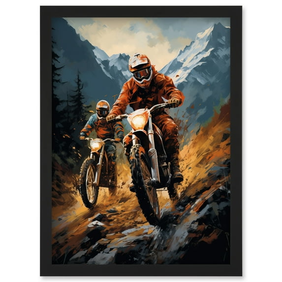 Motocross Bikers Racing Action Shot Oil Painting Stone Blue Orange Scenic Mountain Landscape Artwork Framed Wall Art Print A4