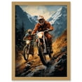 thumbnail image 1 of Motocross Bikers Racing Action Shot Oil Painting Stone Blue Orange Scenic Mountain Landscape Artwork Framed Wall Art Print A4, 1 of 5
