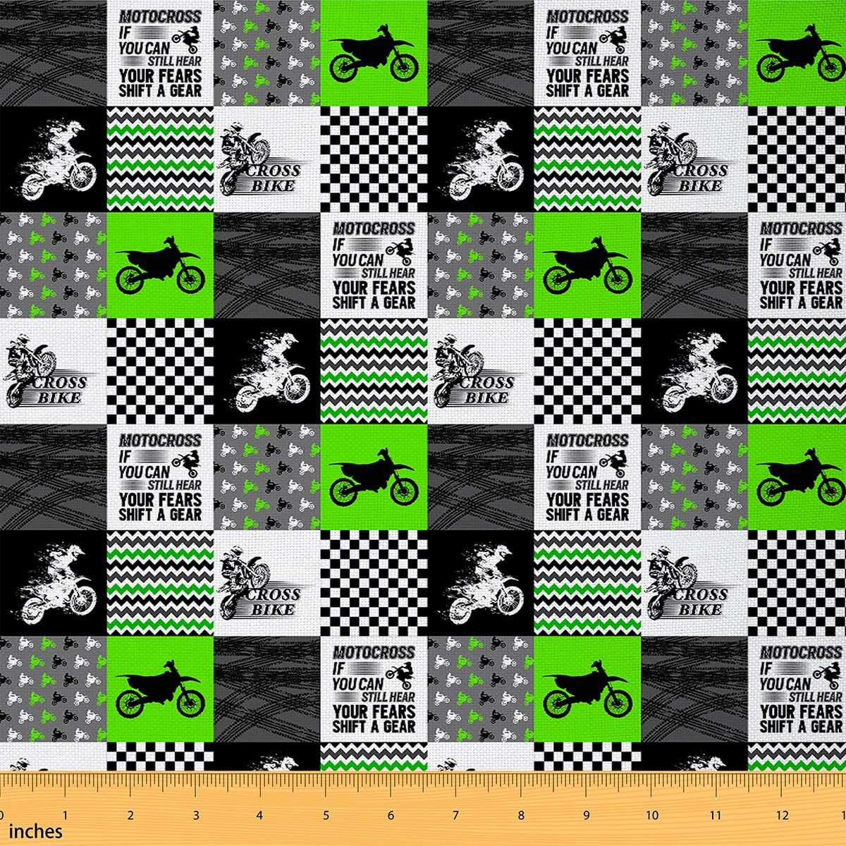 Motocross Boys Fabric by The Yard,Green Black White Grids Upholstery Fabric,Motorbike Patchwork
