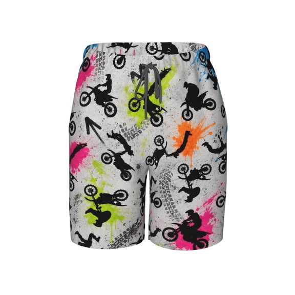 Motocross Dirt Bike Graffiti Beach Pants Lightweight Teen Shorts with Mesh Lining and Drawstring