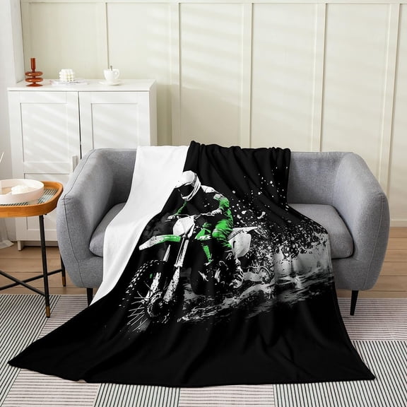 Motocross Dirt Bike Throw Blanket for Boys Teens Men Green Motorcycle Racing Fleece Blanket Soft Fluffy Bed Blanket