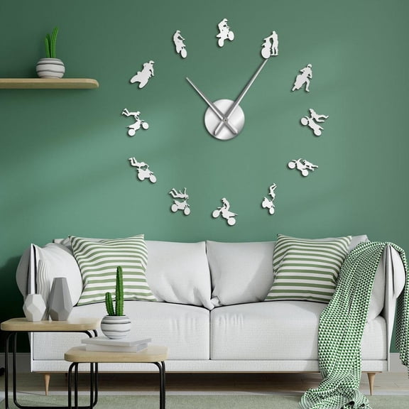 Motocross Dirtbiking Motorcycle Wall Art Stickers DIY Big Wall Clocks Dirt Racing Party Wall Decor Slient Sweep Clock Biker Gift(Silver,47inch)