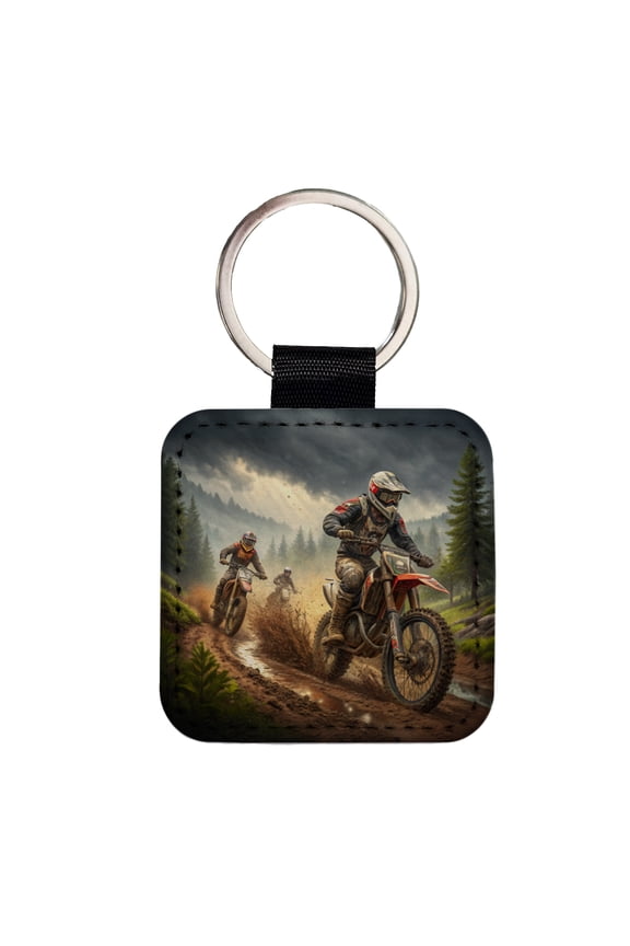 Motocross Off Road Dirt Bikes Racing Faux Leather Square Keychain