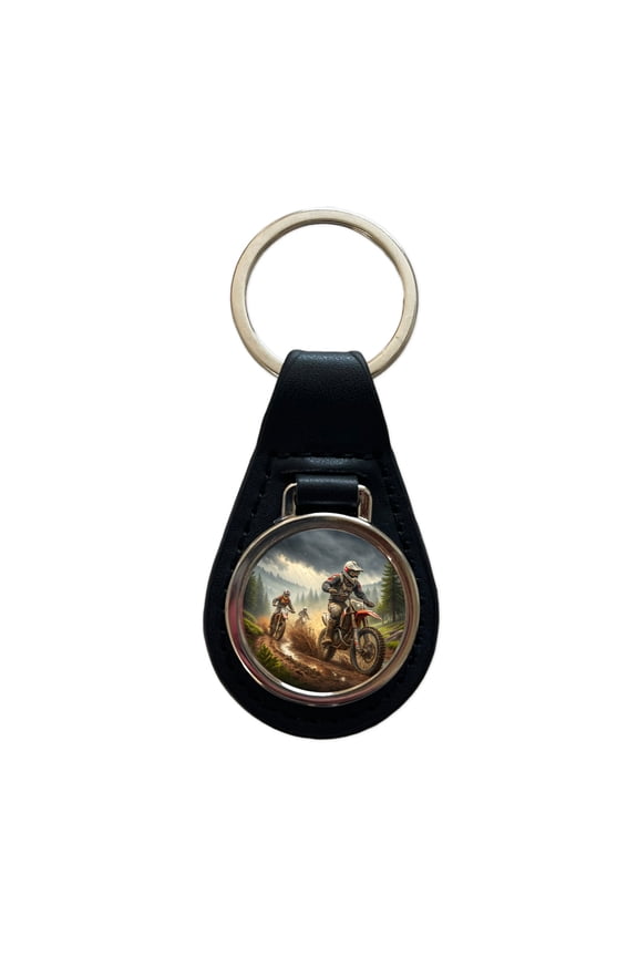 Motocross Off Road Dirt Bikes Racing Metal Black Leather Keychain