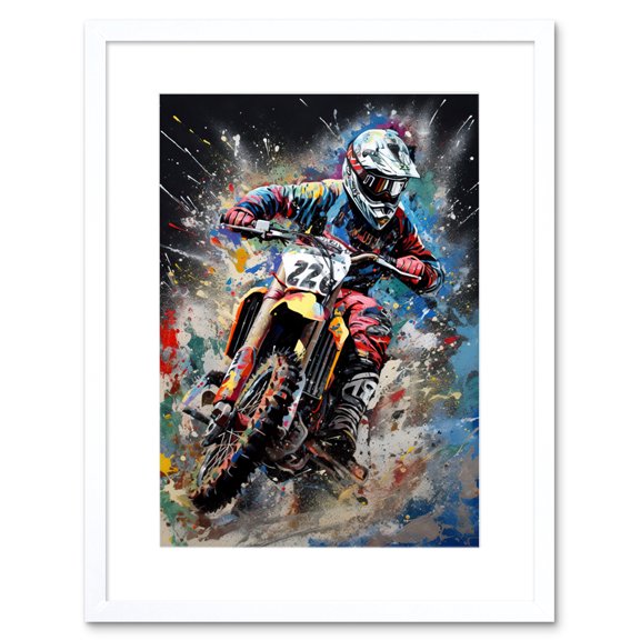 Motocross Race Action Shot Extreme Sport Painting Artwork Framed Wall Art Print 9X7 Inch