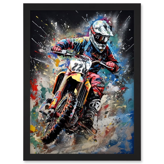 Motocross Race Action Shot Extreme Sport Painting Artwork Framed Wall Art Print A4