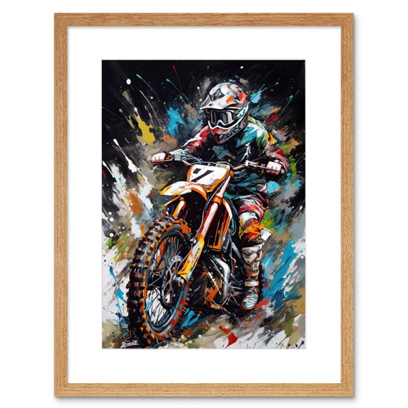 Motocross Race Driver Number 7 Racing Action Shot Artwork Framed Wall Art Print 9X7 Inch