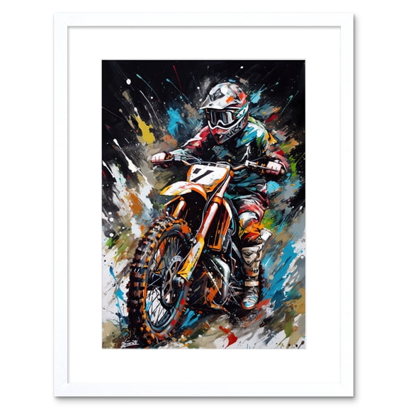 Motocross Race Driver Number 7 Racing Action Shot Artwork Framed Wall Art Print 9X7 Inch