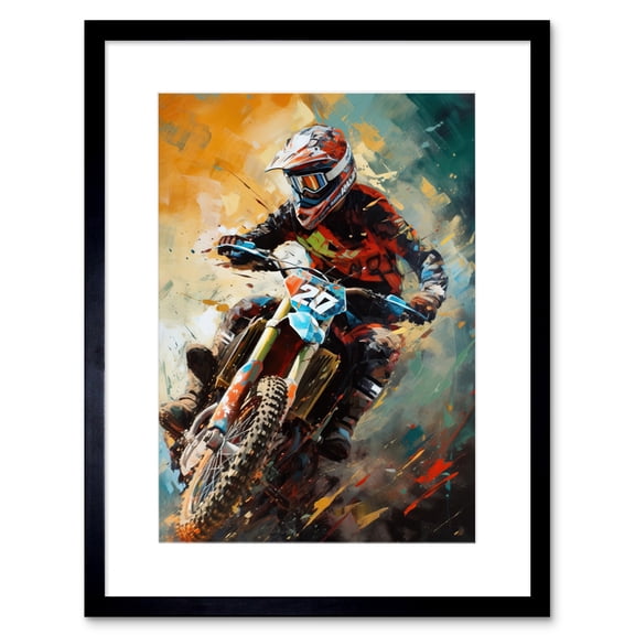 Motocross Race Driver Sport Action Shot Painting Artwork Framed Wall Art Print 9X7 Inch