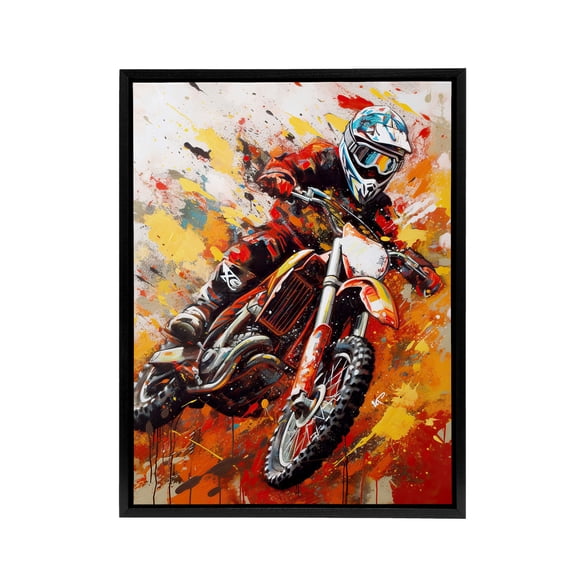 Motocross Race Motorcycle Sport Oil Black Framed Canvas Wall Art Print 24X32"