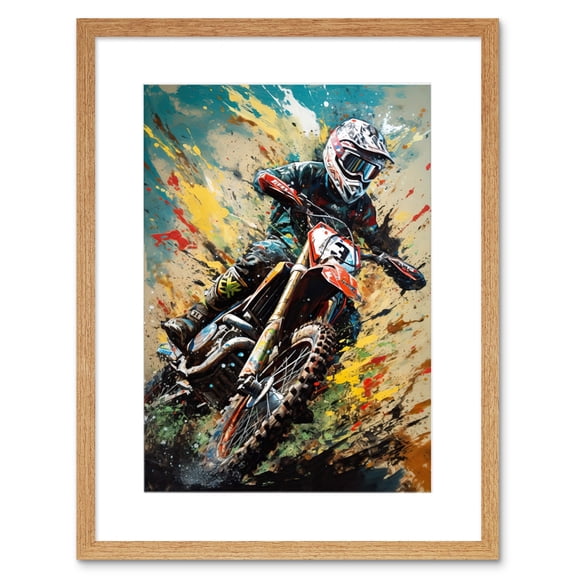 Motocross Race Sport Driver Action Shot Painting Artwork Framed Wall Art Print 9X7 Inch