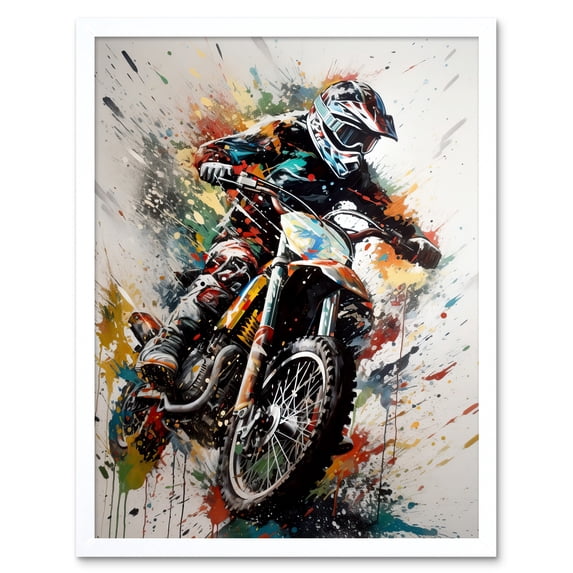 Motocross Racer Paint Splat Action Shot Portrait Art Print Framed Poster Wall Decor 12x16 inch