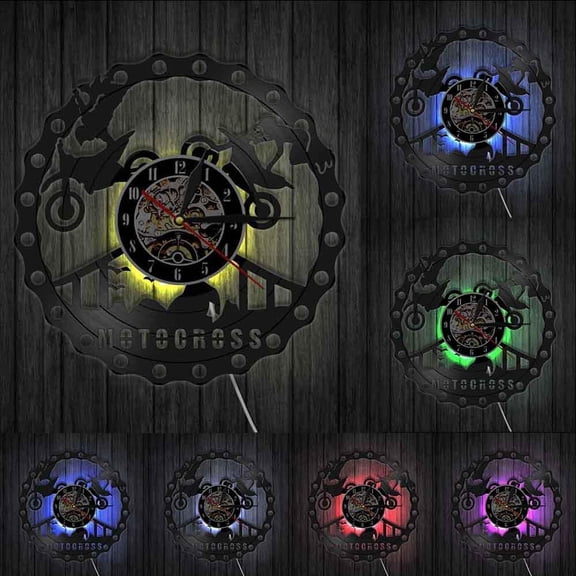 Motocross Racing Brappp Decor Modern Wall Clock Dirtbike Trick Riding Vinyl Record Clock Freestyle Motorcycle Racing Riders Gift With LED