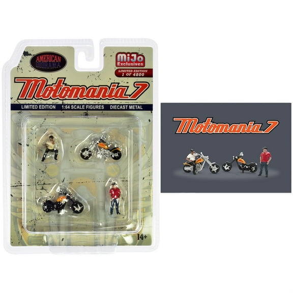 Motomania 7 Figure and Bike 4 pc. Set, Asstd - American Diorama AD-76520MJ - 1/64 Scale Figurine - Diorama Accessory