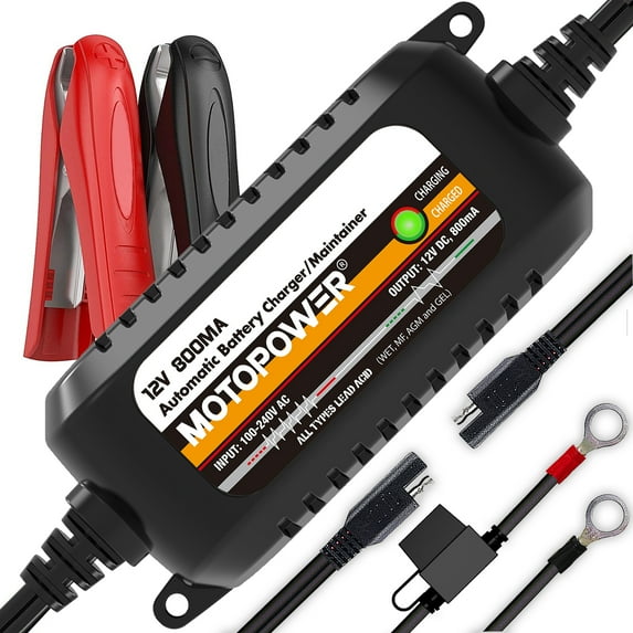 MOTOPOWER 12V 800mA Automatic Battery Charger, Maintainer, Trickle Charger and Battery Desulfator - Junior Plus