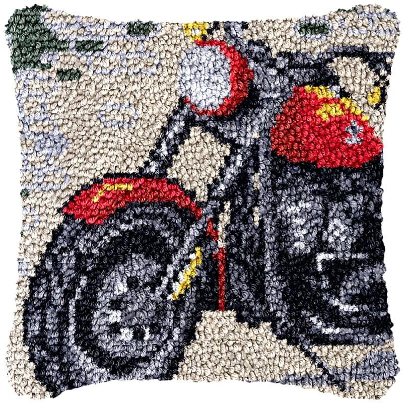 Motor Bike Latch Hook Pillow Cover Kits for DIY Handmade Throw Pillow Cross Stitch Latch Hook Pillowcase Rug Kits with Preprinted Color Pattern Canvas Crochet Yarn Kits 17''X 17''(ch14)