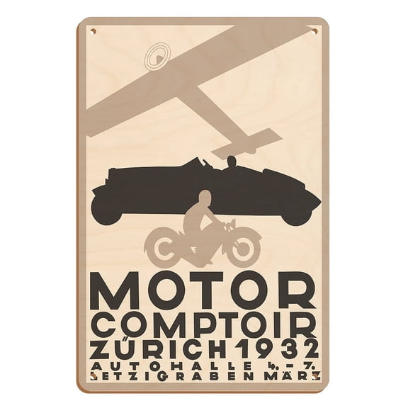 Motor Comptoir Trade Show - Zürich Switzerland - Vintage Automobile Poster by Otto Baumberger c.1932 - 8 x 12 inch Vintage Wood Art Sign