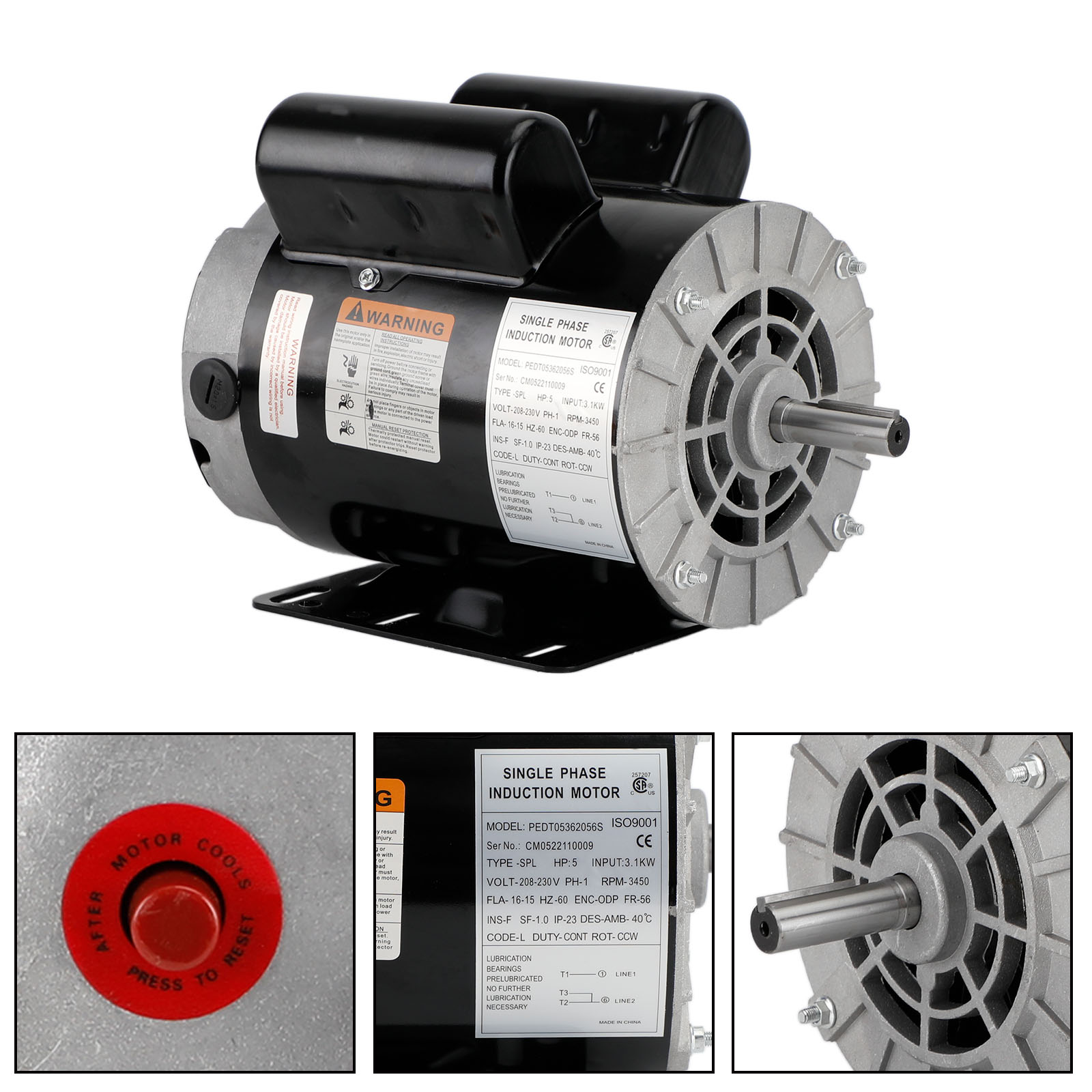 Motor Genic 5 HP SPL 3450 RPM Air Compressor Electric Motor 208-230V 60Hz 56Frame 5/8" Shaft