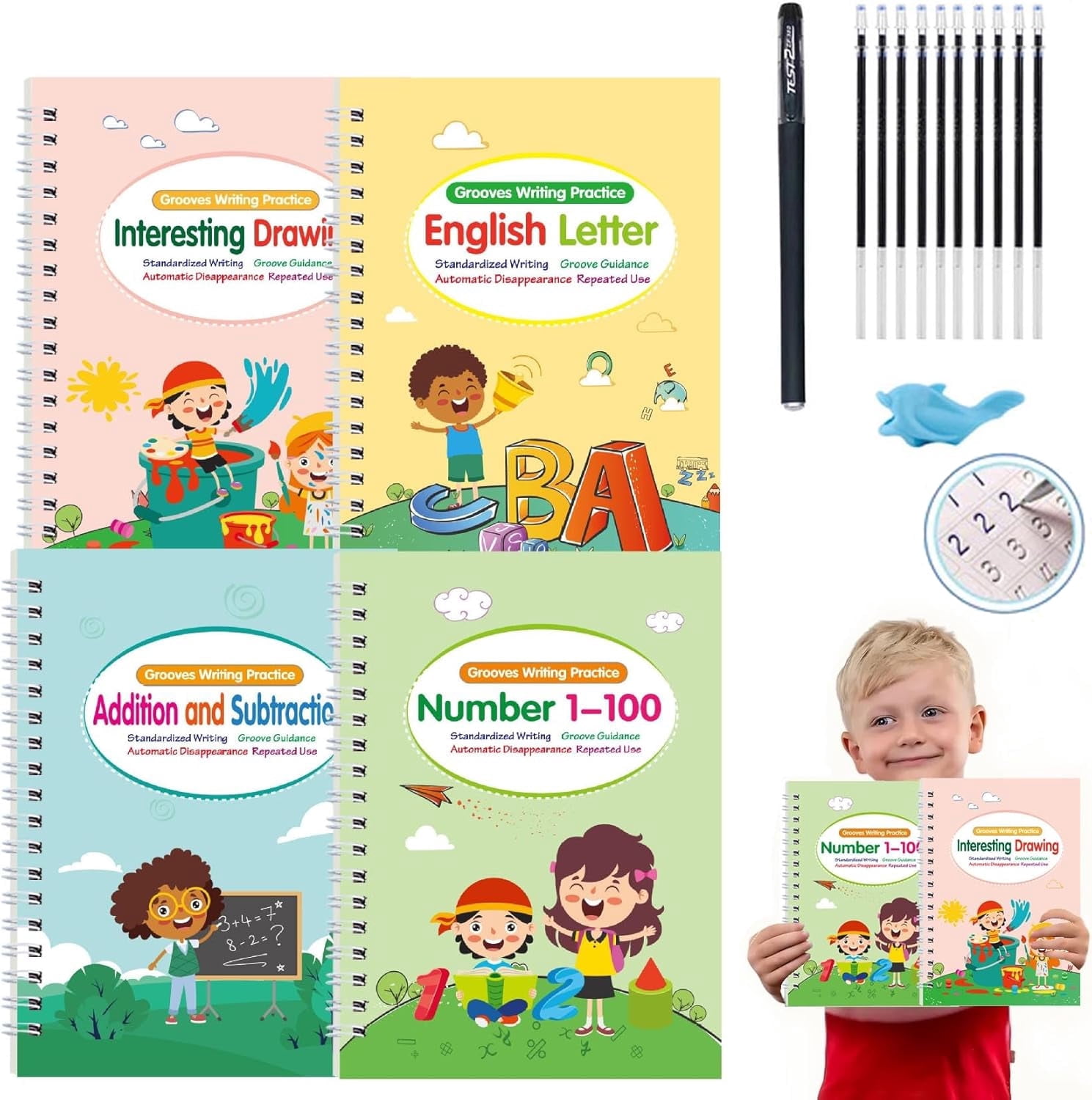 Motor Magic WorkBooks Full Set 4 Books/10 Replacement Refills+1 Pen+1 Pencil Grip,Magic Grooved Writing Practice Books, Reusable Handwriting Practice Book, Christmas Gift (10pc)