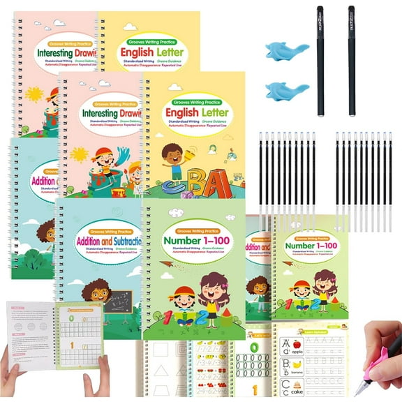 Motor Magic WorkBooks, Your Little Explorer Writing Books,Reusable Magic Copybooks, Self-EraseingMagic Grooved Writing Practice Books, Learn To Write Number Letter Tracing (2Set)