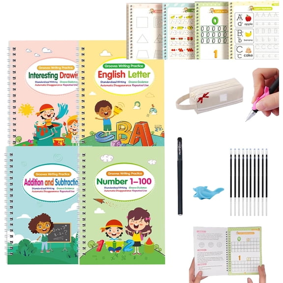 Motor Magic Workbooks, Your Little Explorer Magic Grooved Books, 4 PCS Handwriting Practice Copybook W/10 Replacement Refills+1 Pen+1 Pencil Grip, Handwriting Practice (1Set)