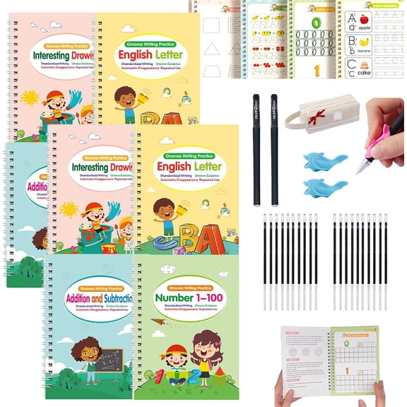Motor Magic Workbooks, Your Little Explorer Magic Grooved Books, 4 PCS Handwriting Practice Copybook W/10 Replacement Refills+1 Pen+1 Pencil Grip, Handwriting Practice (2Set)