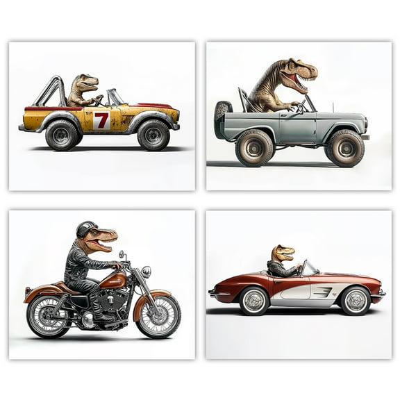 Motor Monsters T-Rex Driving Vintage VehiclesCool Dinosaur 8x10 Unframed Poster for Game Room, Kids' Room, Playroom, and Man-Cave  Cute Wall Art Featuring Retro Cars, Motorcycle, and Off-Road Jeep