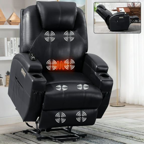 Motor Power Lift Recliner Chair, Faux Leather Single Sofa Chair with Massage and Lumbar Heating, Heavy Duty Electric Lift Up Chair with Cup Holders and USB Charge Port for Elderly