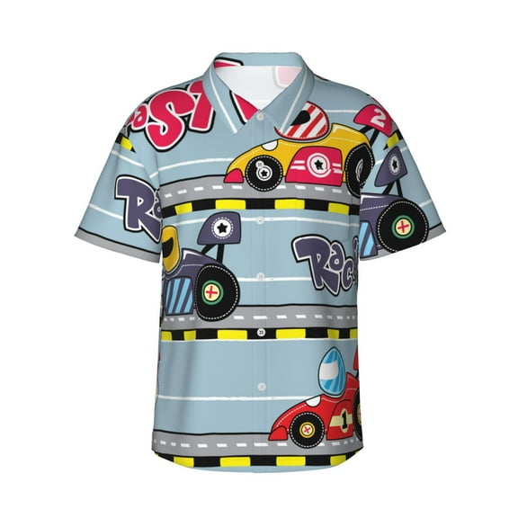 Motor Racing Men's 3d Print Casual Button Down Shirts, Novelty Hawaiian Short Sleeves 3xl