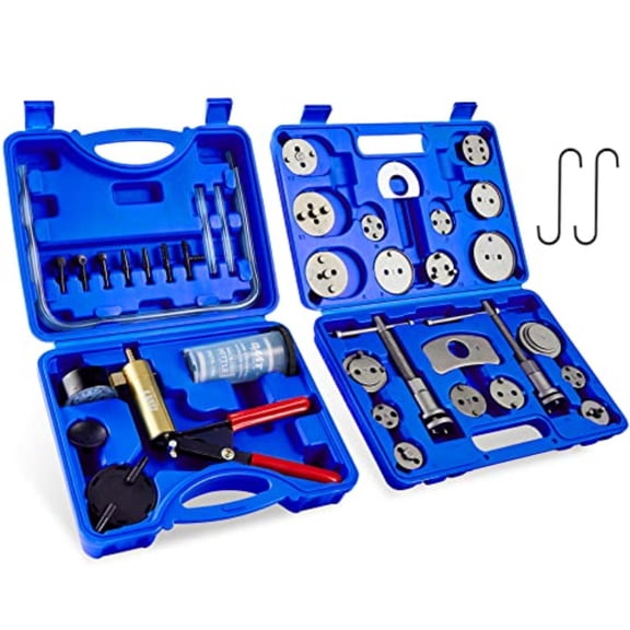 Motor Tech 2 in 1 Brake Caliper Compression Tool & Brake Bleeder Kit, Handheld Vacuum Pump Brake Bleeder Tool Set, Disc Brake Pad Service Tool with Thrust Bolt Retaining Plates & 18 Adapters