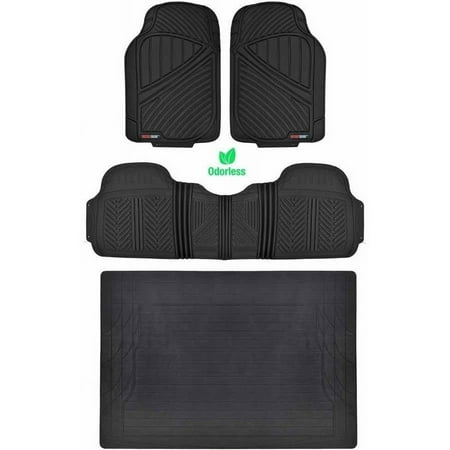 Motor Trend 100 Percent Odorless Car Floor Mats with Standard Trunk Cargo Mat, 4 Pieces Rubber Protection, Black Beige Gray