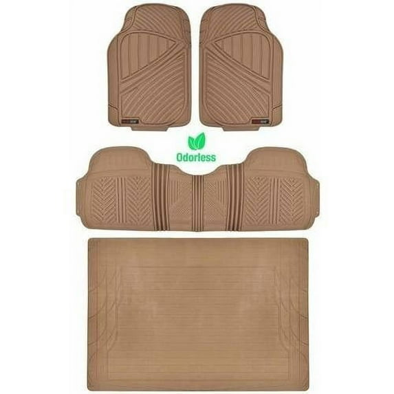 Motor Trend 100 Percent Odorless Car Floor Mats with Standard Trunk Cargo Mat, 4 Pieces Rubber Protection, Black Beige Gray