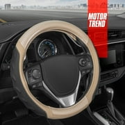 Motor Trend Beige UltraSport Pebbled Leather Steering Wheel Cover with Carbon Fiber Detail - Universal Fit For Standard Wheel Sizes 14.5 15 15.5 inches
